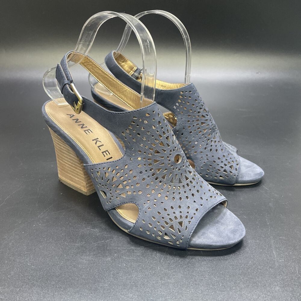 Anne Klein‎ Akbriella Slingback Block Heel Sandal Navy Blue Laser Cut 8.5M iFlex